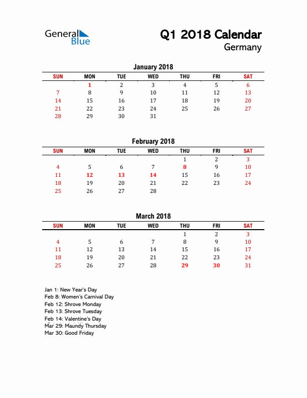 2018 Q1 Calendar with Holidays List for Germany