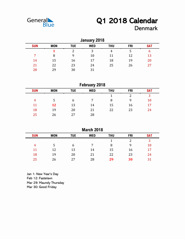 2018 Q1 Calendar with Holidays List for Denmark