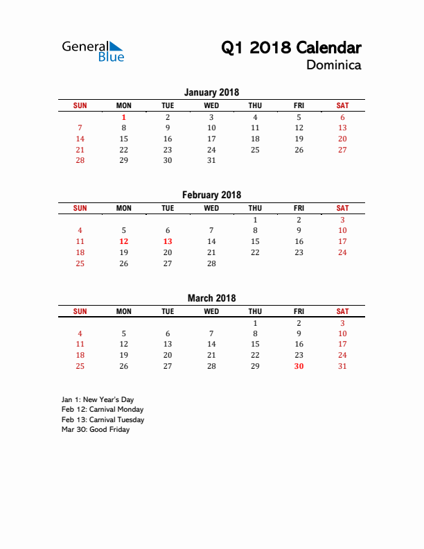 2018 Q1 Calendar with Holidays List for Dominica