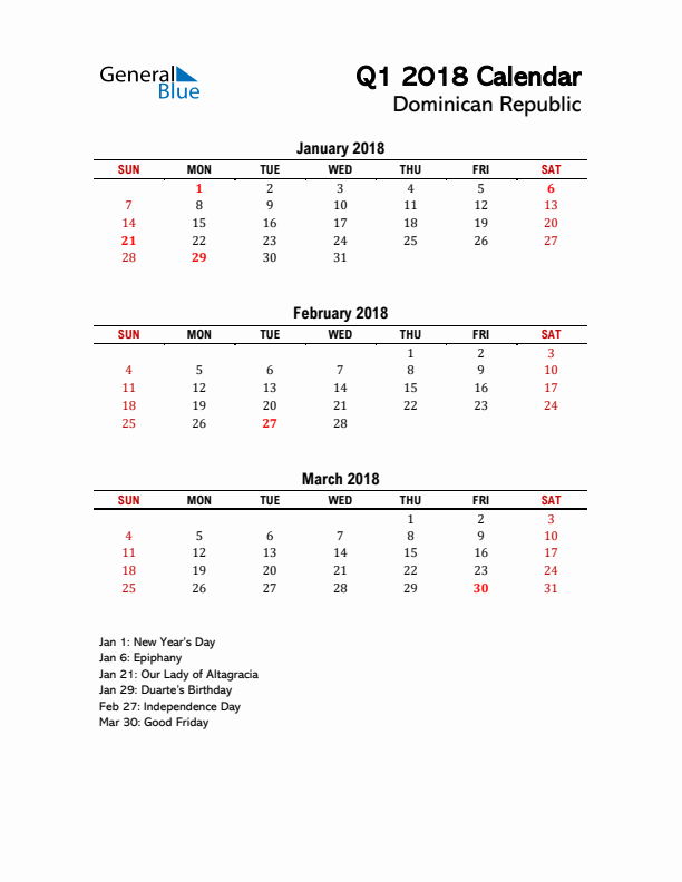 2018 Q1 Calendar with Holidays List for Dominican Republic