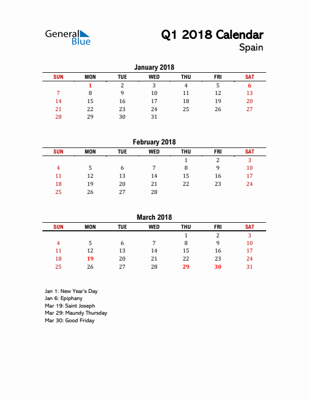 2018 Q1 Calendar with Holidays List for Spain