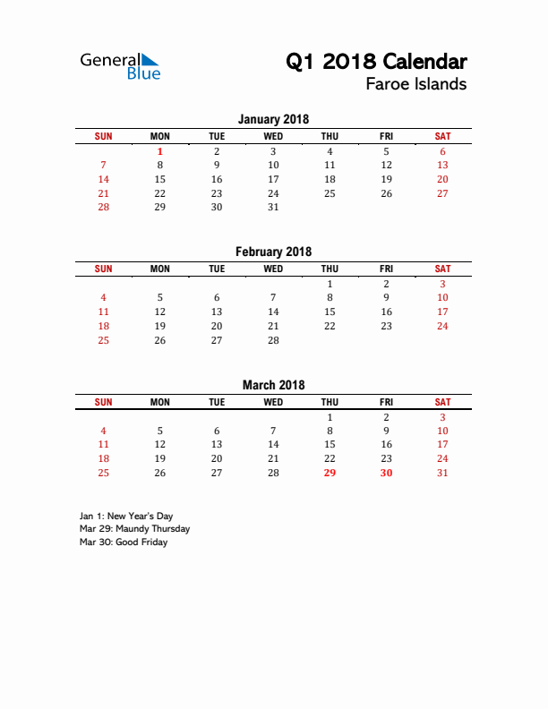 2018 Q1 Calendar with Holidays List for Faroe Islands