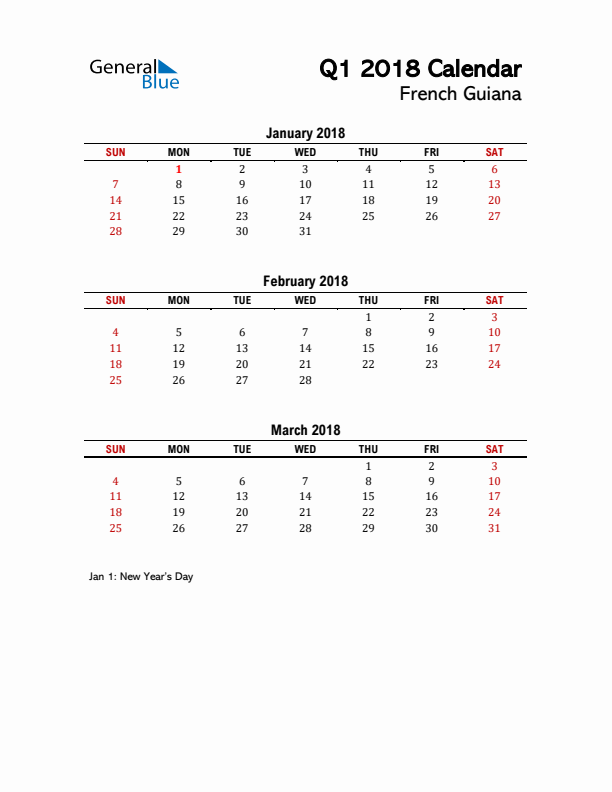 2018 Q1 Calendar with Holidays List for French Guiana