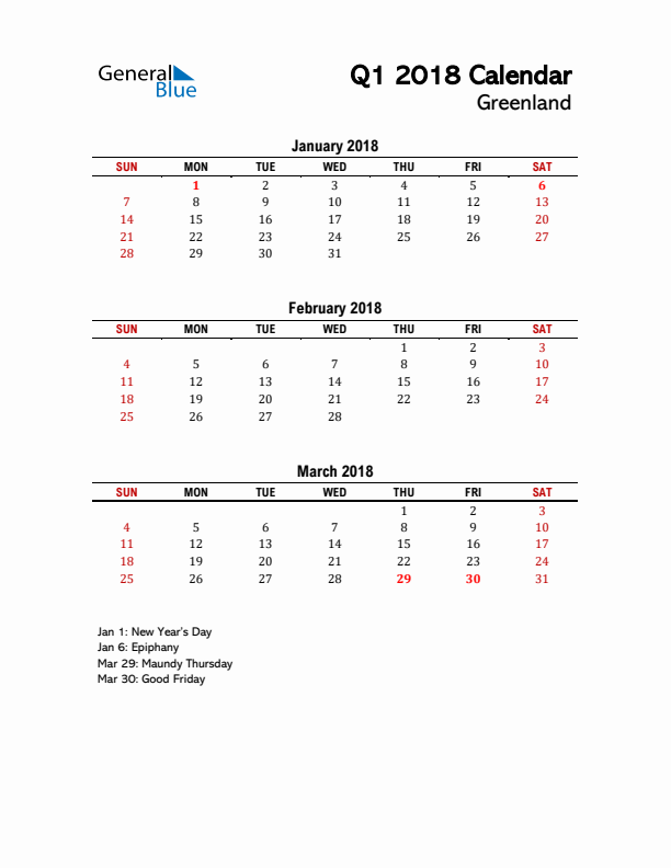 2018 Q1 Calendar with Holidays List for Greenland