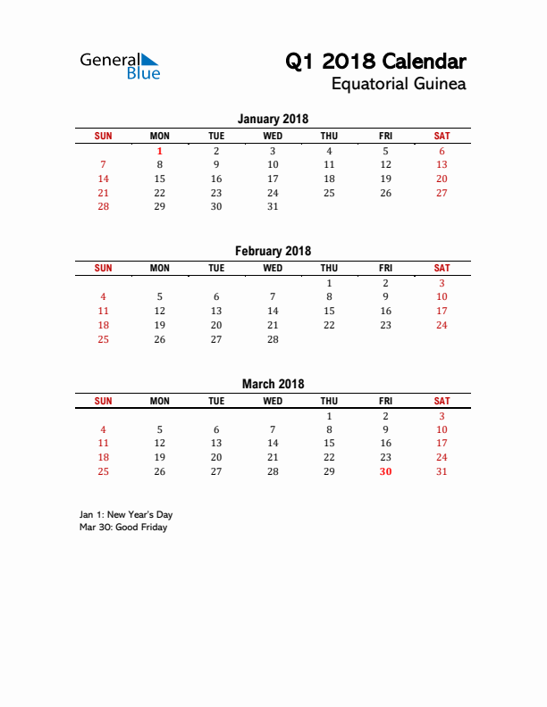 2018 Q1 Calendar with Holidays List for Equatorial Guinea