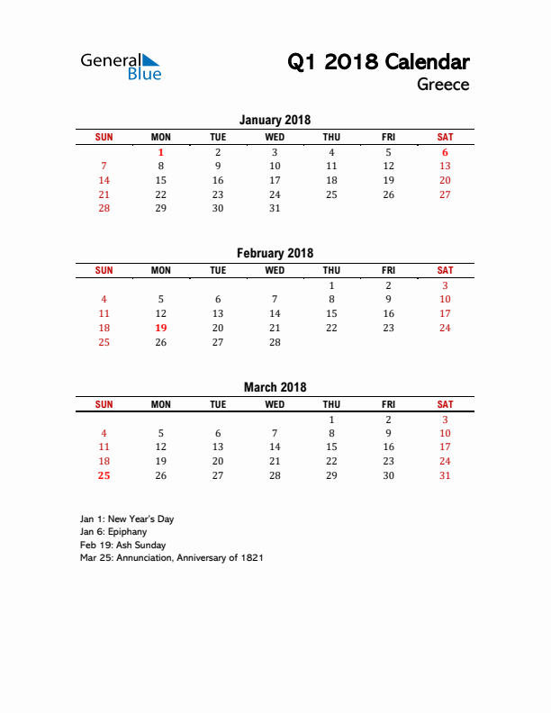 2018 Q1 Calendar with Holidays List for Greece