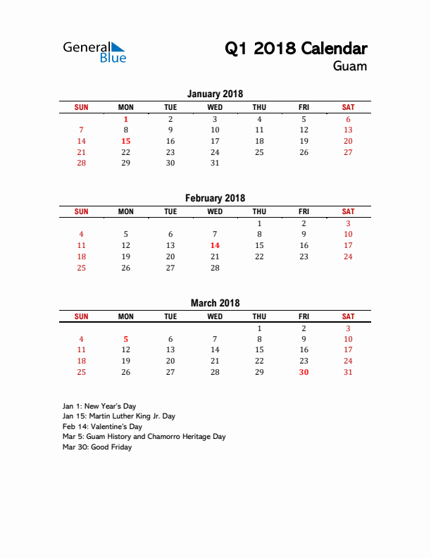 2018 Q1 Calendar with Holidays List for Guam