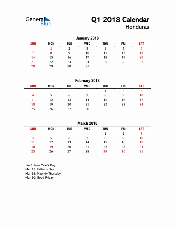 2018 Q1 Calendar with Holidays List for Honduras