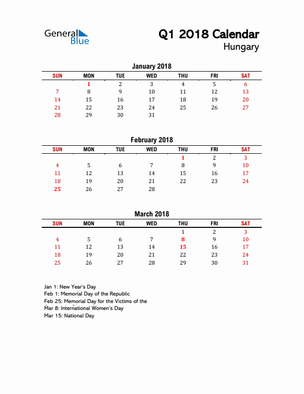 2018 Q1 Calendar with Holidays List for Hungary