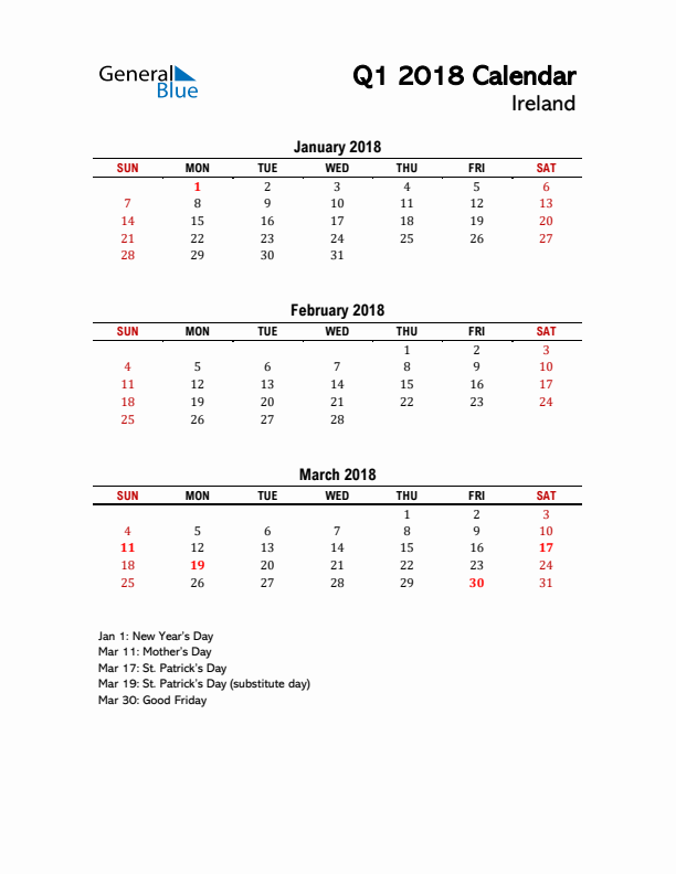 2018 Q1 Calendar with Holidays List for Ireland