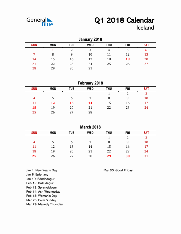 2018 Q1 Calendar with Holidays List for Iceland