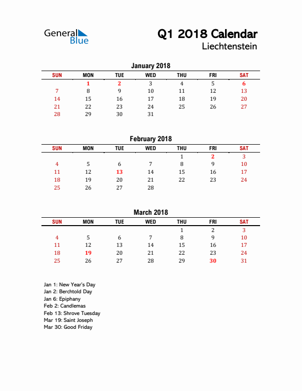 2018 Q1 Calendar with Holidays List for Liechtenstein