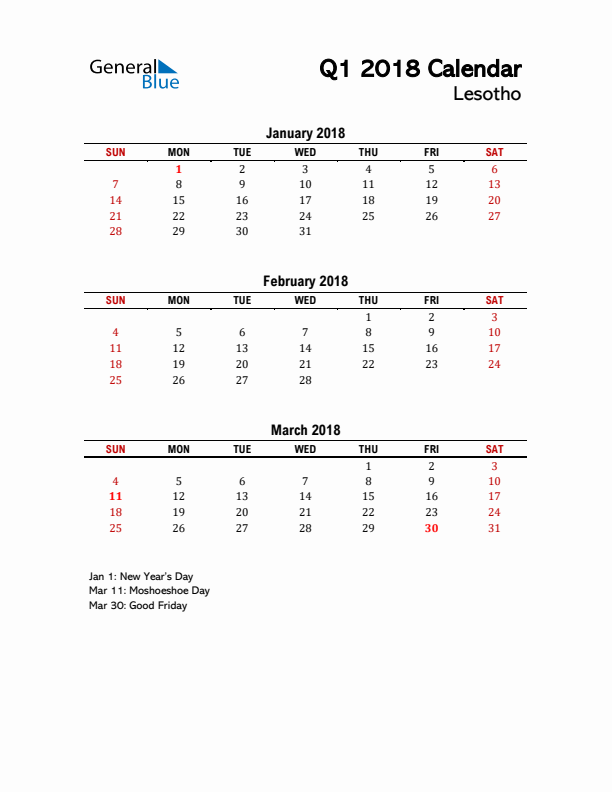 2018 Q1 Calendar with Holidays List for Lesotho