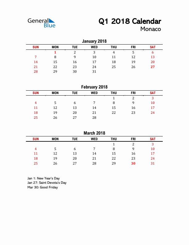 2018 Q1 Calendar with Holidays List for Monaco