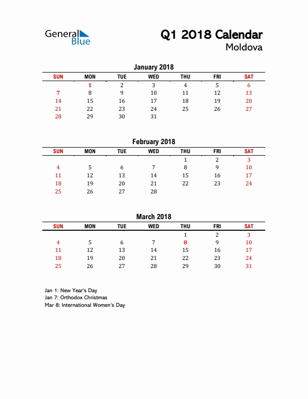 2018 Q1 Calendar with Holidays List for Moldova