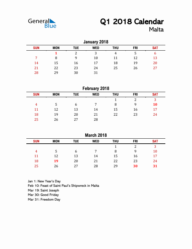 2018 Q1 Calendar with Holidays List for Malta