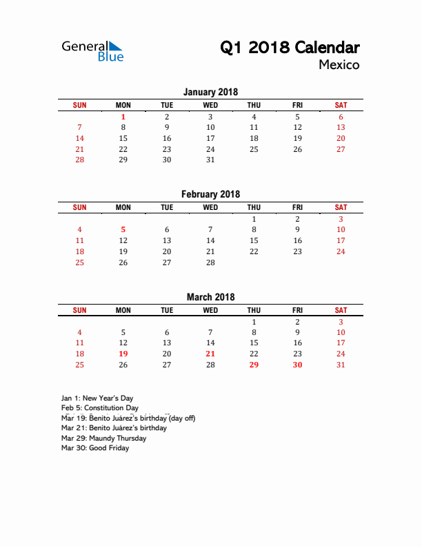 2018 Q1 Calendar with Holidays List for Mexico