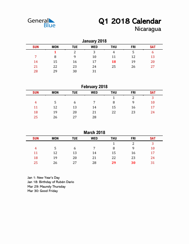 2018 Q1 Calendar with Holidays List for Nicaragua