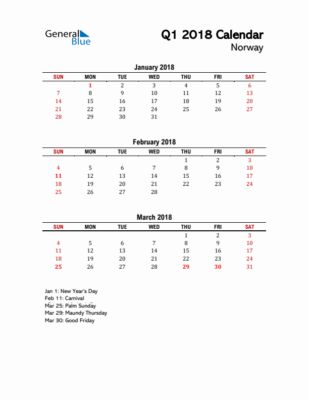 2018 Q1 Calendar with Holidays List for Norway