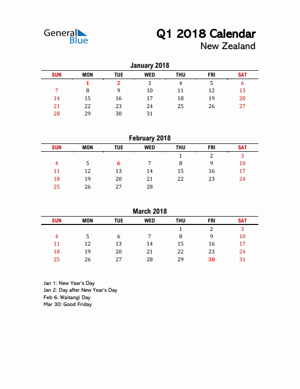 2018 Q1 Calendar with Holidays List for New Zealand