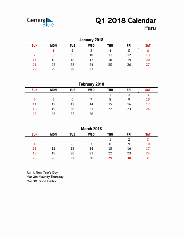 2018 Q1 Calendar with Holidays List for Peru