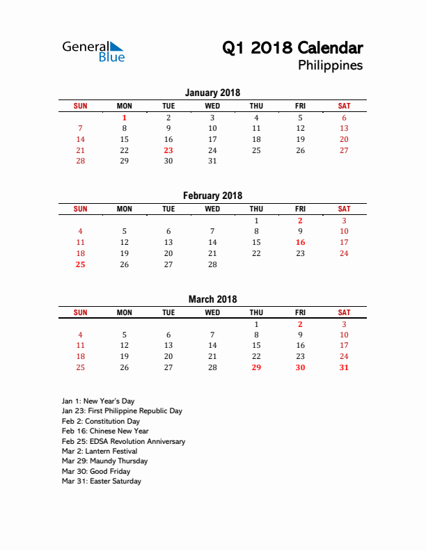 2018 Q1 Calendar with Holidays List for Philippines