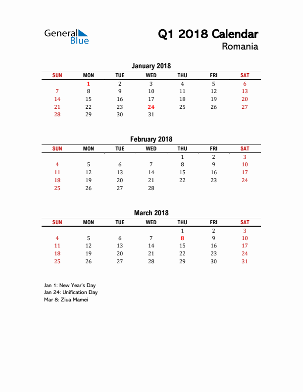 2018 Q1 Calendar with Holidays List for Romania