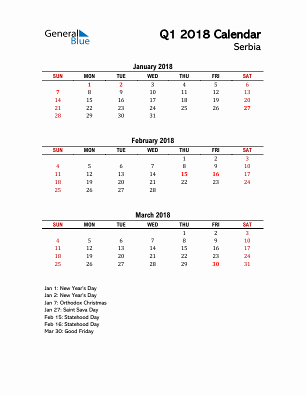 2018 Q1 Calendar with Holidays List for Serbia