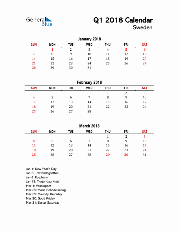 2018 Q1 Calendar with Holidays List for Sweden