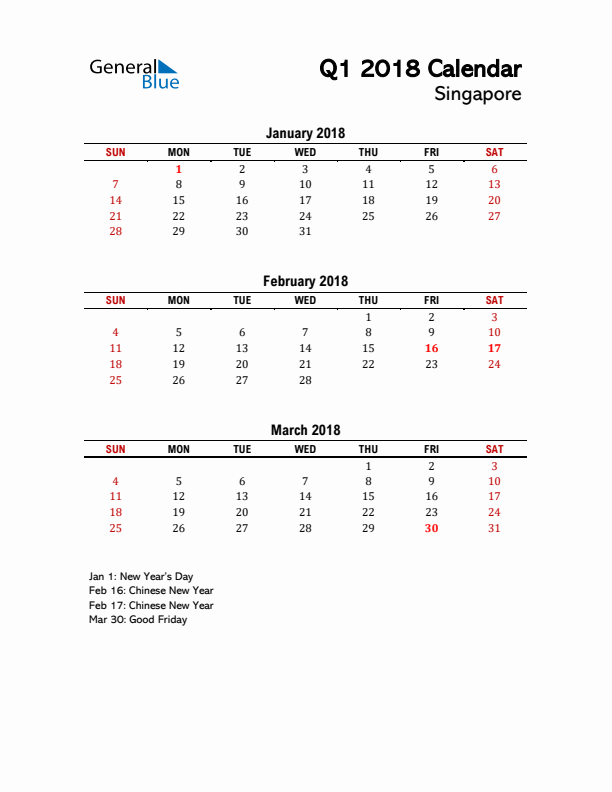 2018 Q1 Calendar with Holidays List for Singapore