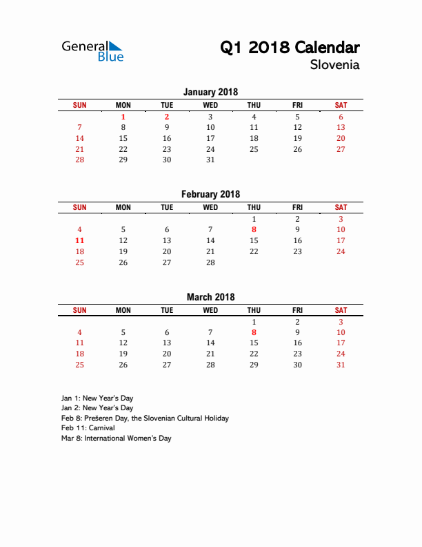 2018 Q1 Calendar with Holidays List for Slovenia