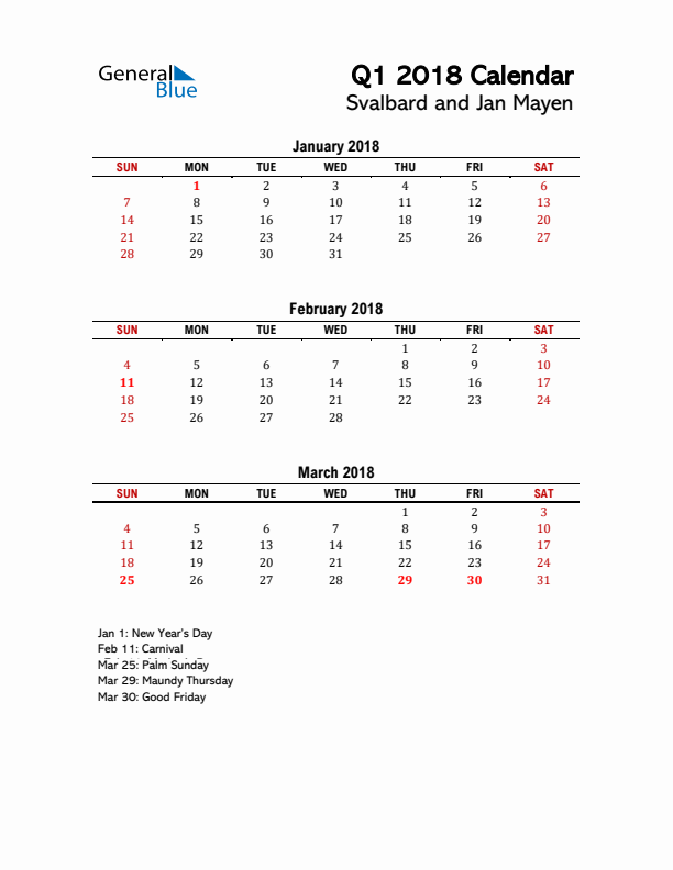 2018 Q1 Calendar with Holidays List for Svalbard and Jan Mayen