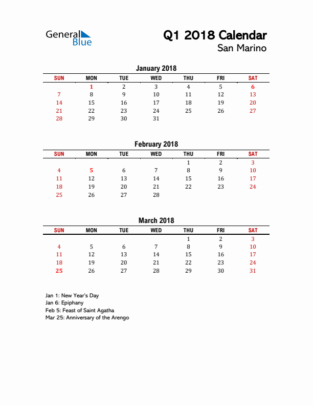 2018 Q1 Calendar with Holidays List for San Marino