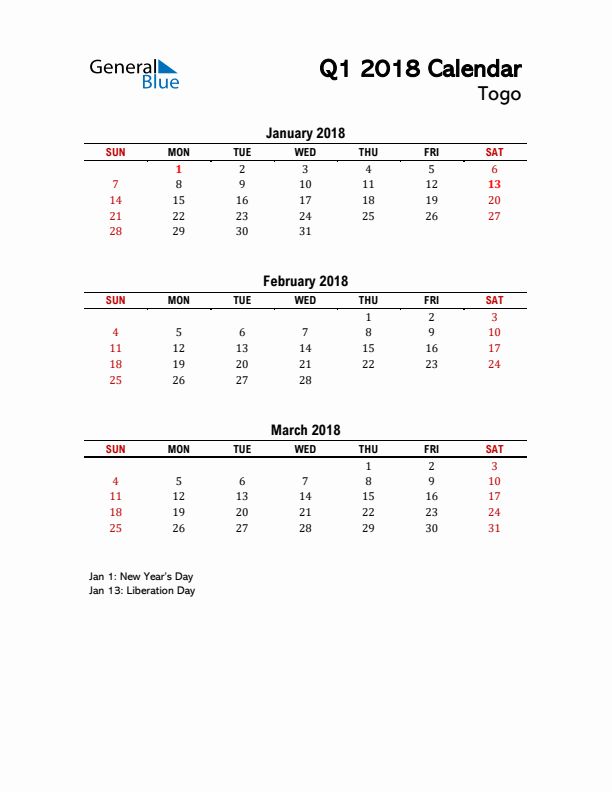 2018 Q1 Calendar with Holidays List for Togo