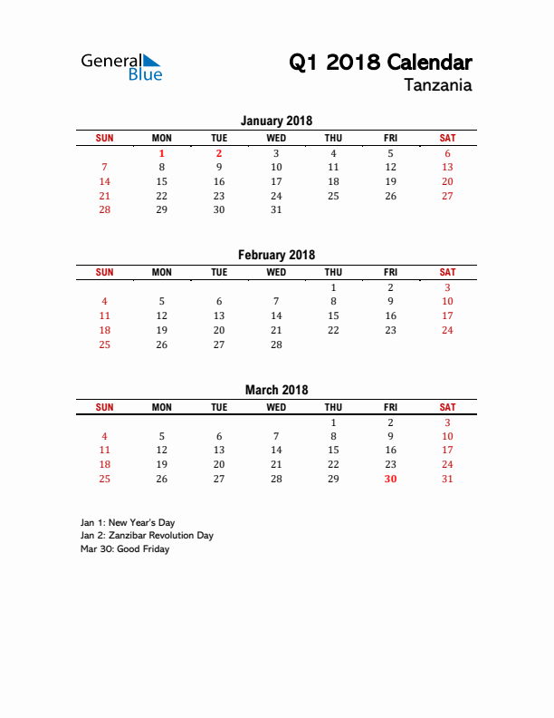 2018 Q1 Calendar with Holidays List for Tanzania