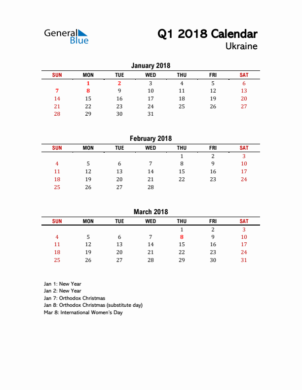 2018 Q1 Calendar with Holidays List for Ukraine