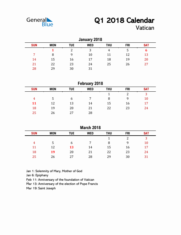 2018 Q1 Calendar with Holidays List for Vatican