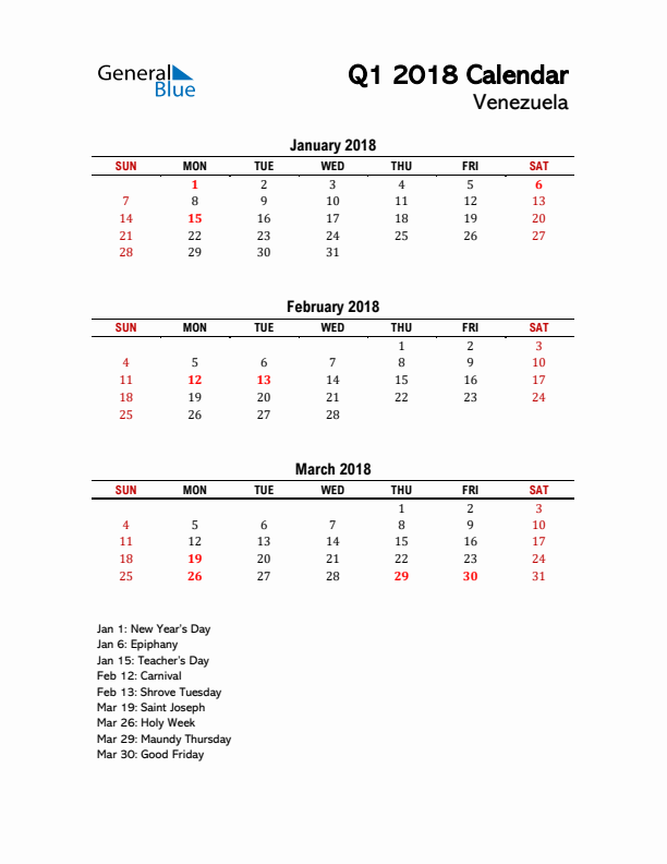 2018 Q1 Calendar with Holidays List for Venezuela