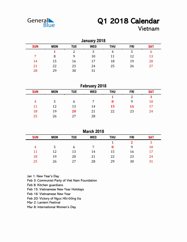 2018 Q1 Calendar with Holidays List for Vietnam