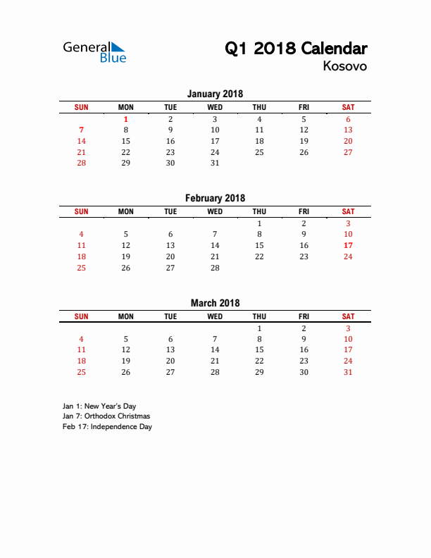 2018 Q1 Calendar with Holidays List for Kosovo