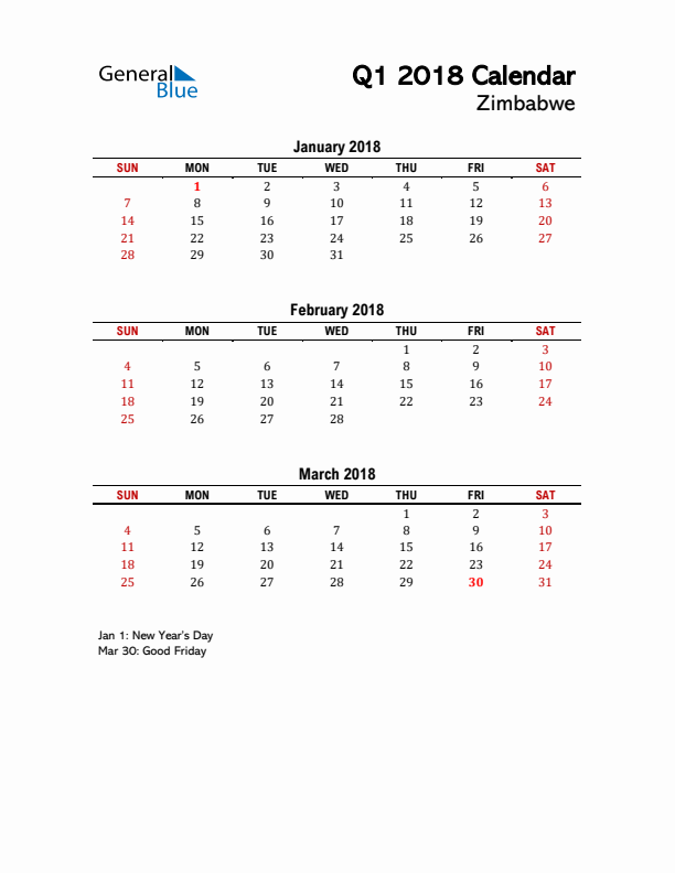 2018 Q1 Calendar with Holidays List for Zimbabwe