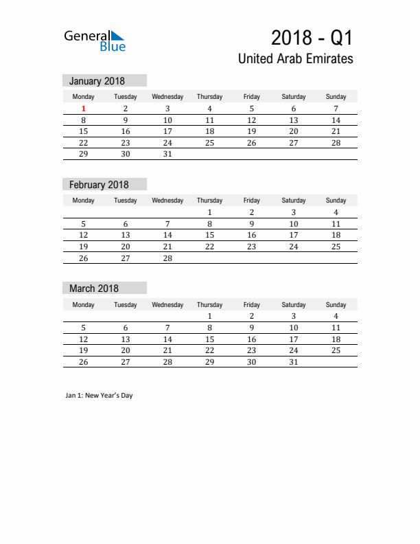 United Arab Emirates Quarter 1 2018 Calendar with Holidays