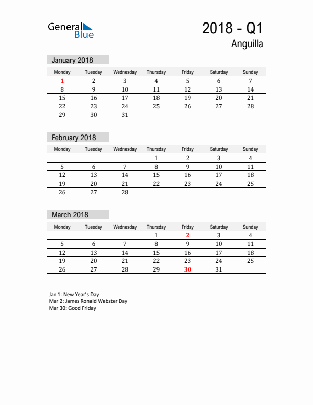 Anguilla Quarter 1 2018 Calendar with Holidays