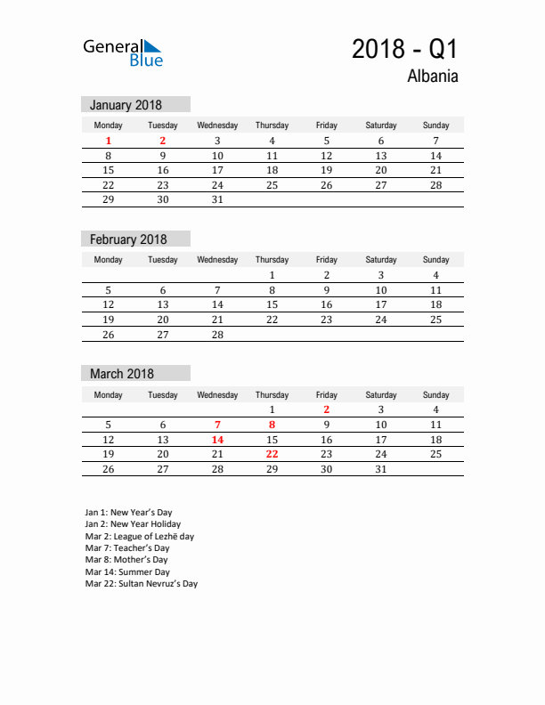 Albania Quarter 1 2018 Calendar with Holidays