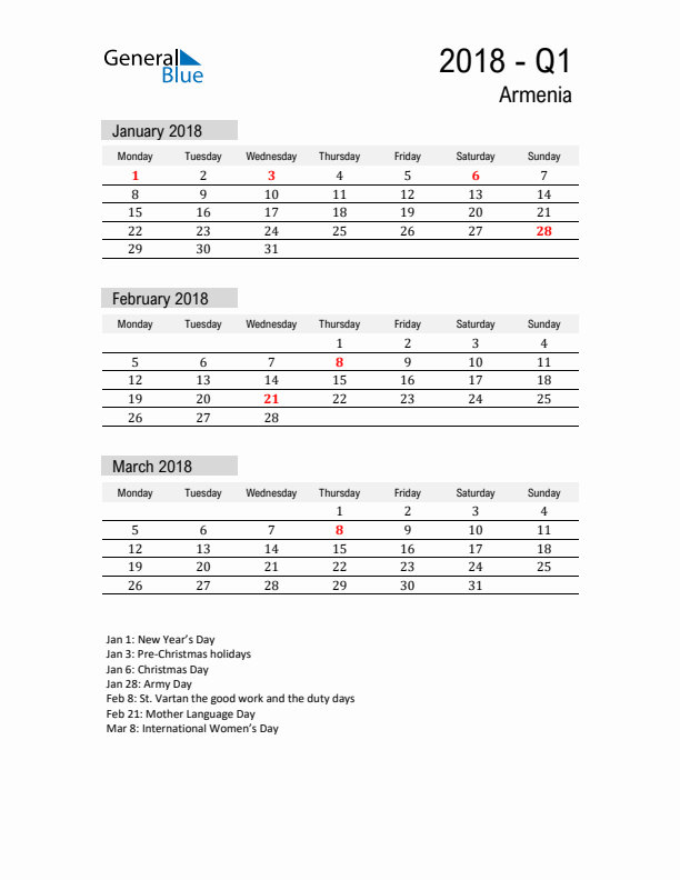 Armenia Quarter 1 2018 Calendar with Holidays