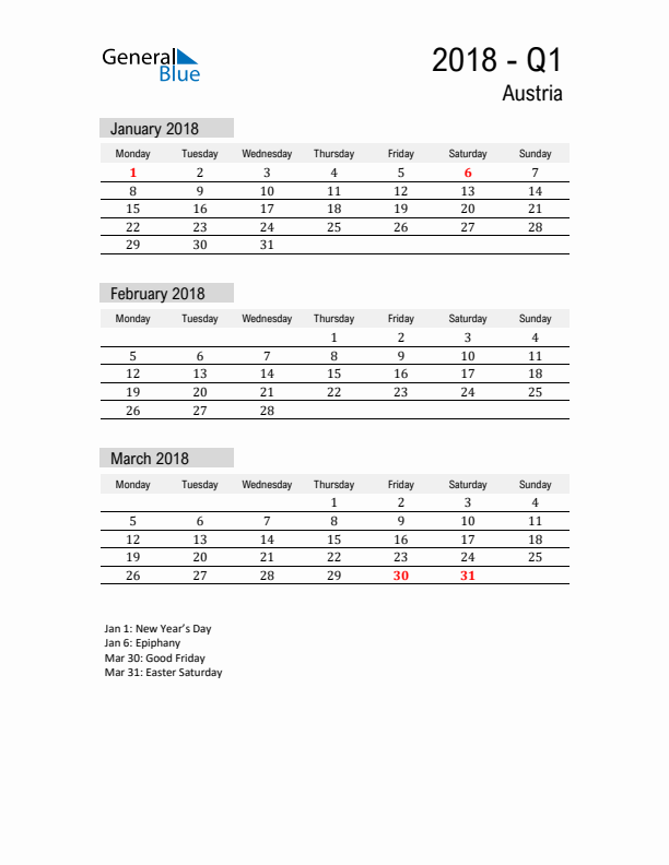 Austria Quarter 1 2018 Calendar with Holidays