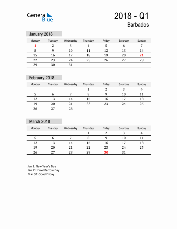 Barbados Quarter 1 2018 Calendar with Holidays