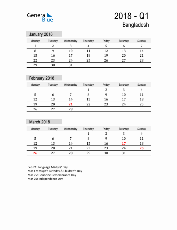 Bangladesh Quarter 1 2018 Calendar with Holidays