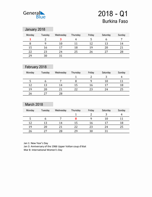 Burkina Faso Quarter 1 2018 Calendar with Holidays