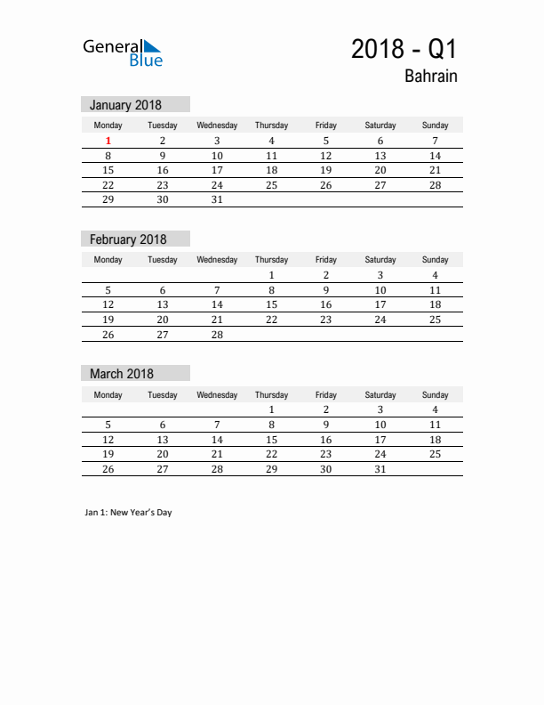 Bahrain Quarter 1 2018 Calendar with Holidays